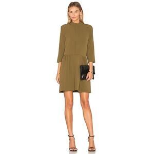 Ganni Clark Olive Green Mock Neck Shirred Waist 3/4 Sleeve Shift Mini Dress Sz S